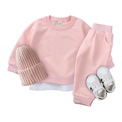 2PCS Kids Clothes Set for 1-7Y - Solid Cotton Pullover Sweatshirt & Pants, Long Sleeve Autumn Outfits for Boys & Girls