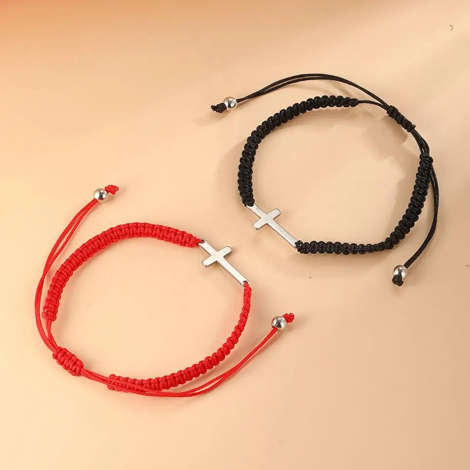 UILZ Creative Stainless Steel Cross Bracelet - Hand-Woven Adjustable Colored String, Couple Versatile Jewelry