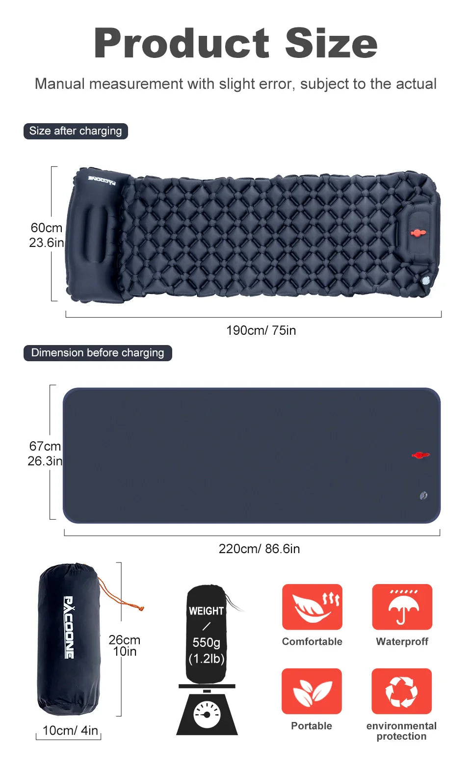 Outdoor Ultralight Inflatable Camping Mattress - Sleeping Pad with Pillows and Built-In Inflator Pump for Hiking