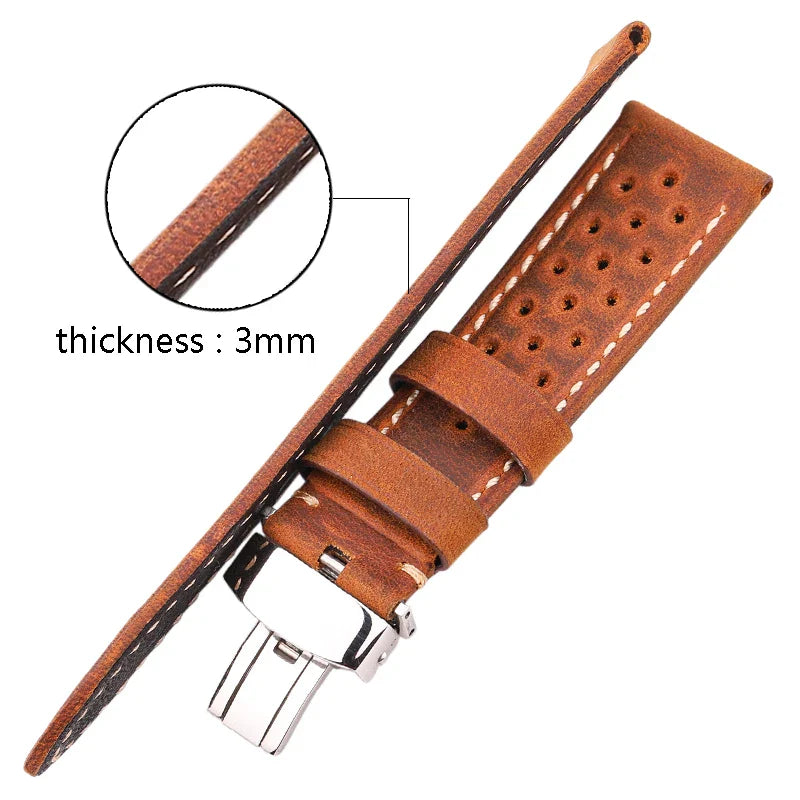 Genuine Leather Watch Band 20mm 22mm 24mm — Vintage Cowhide Strap with Deployment Clasp for Samsung Galaxy Watch 3/4