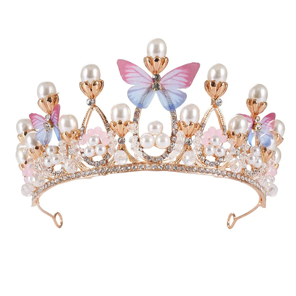 Model Catwalk Princess Crown - Handmade Butterfly Pearl Headband Tiara for Girls