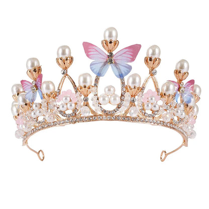 Model Catwalk Princess Crown - Handmade Butterfly Pearl Headband Tiara for Girls