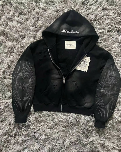 Y2K Harajuku Skull Embroidered Padded Coat - Vintage Hip Hop Faux Fur Collar Casual Couple Jacket