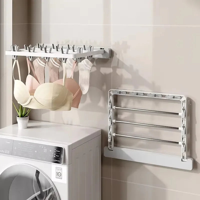 Wall-Mounted Folding Drying Rack with Windproof Sock Clips – Space-Saving Clothing Hanger for Household Laundry