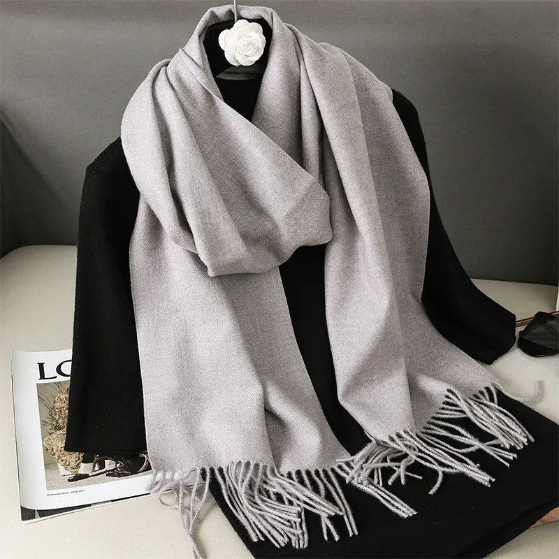 62-Color Solid Women’s Winter Scarf — Thick Warm Cashmere Pashmina Shawl with Tassels, Outdoor Luxury Wrap, Windproof Fashion Scarf