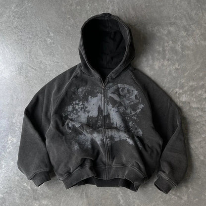 Unisex Gothic Punk Hooded Cardigan – British Harajuku Star Patch Embroidery Oversized Bat Sleeve Jacket