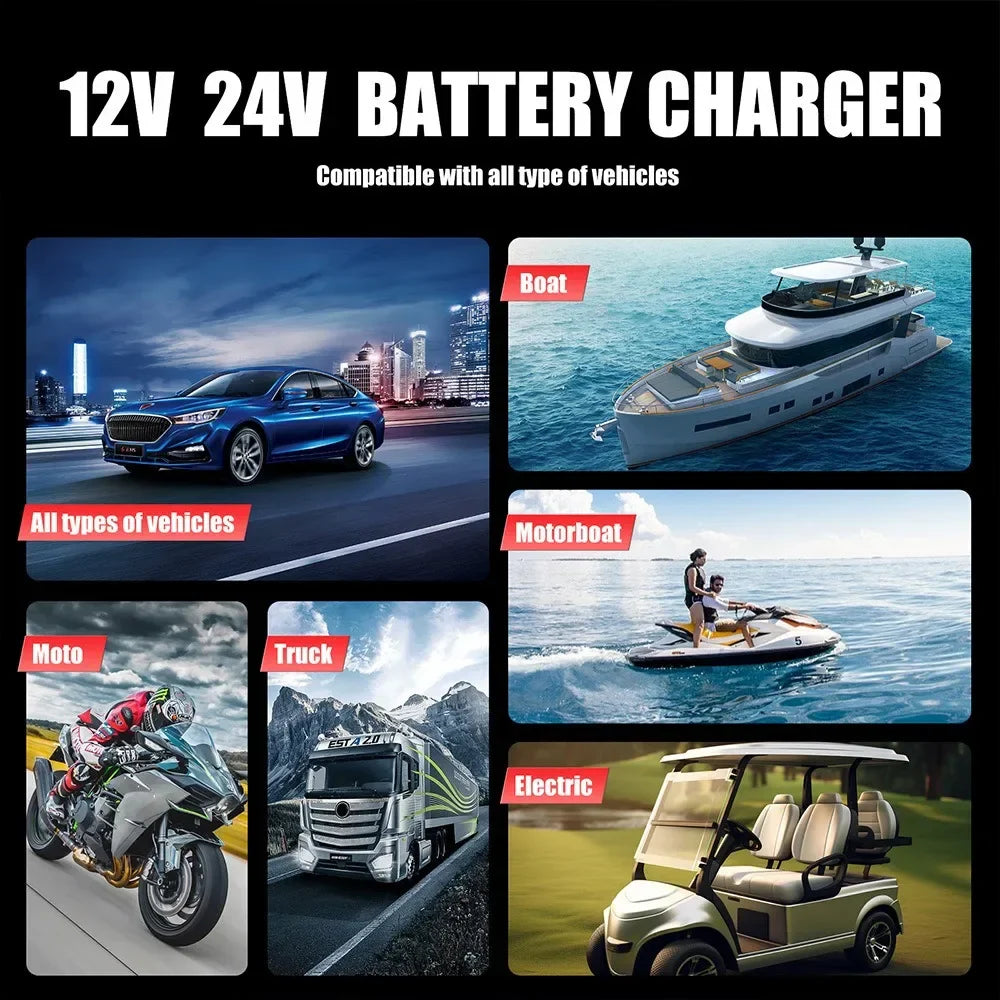 Portable 25A/15A Smart Car Battery Charger — 12V/24V AGM, GEL, LiFePO4 Motorcycle & Car Booster with Pulse Repair