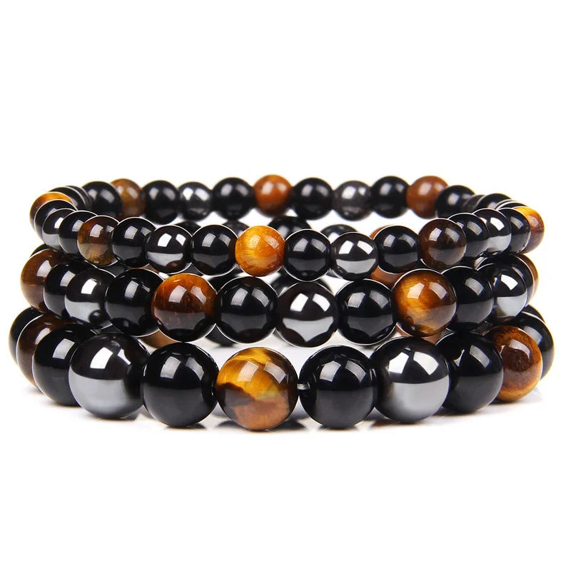 Natural Black Obsidian Hematite Tiger Eye Beaded Bracelet — Magnetic Health Protection Jewelry for Men & Women
