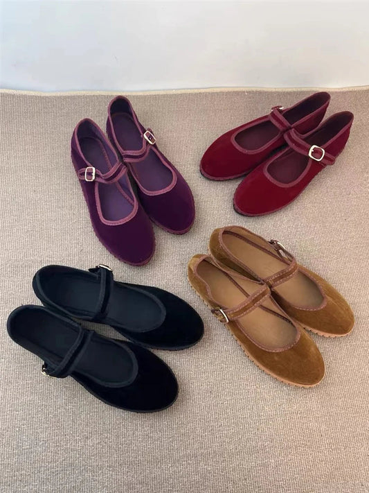 Women's Velvet Mary Jane Shoes – Hand-Stitched Ballet Flats, Casual Streetwear Loafers in Solid Colors