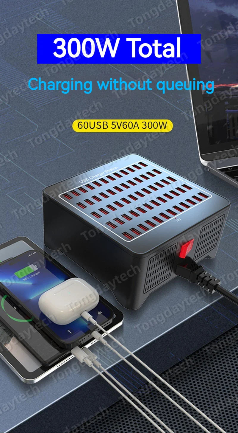 300W Universal Multi USB Charger Station – 60-Port Fast Charging for iPad, iPhone 11/12/13 Pro Max, Samsung Tablet