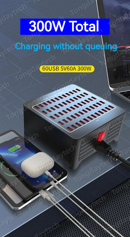 300W Universal Multi USB Charger Station – 60-Port Fast Charging for iPad, iPhone 11/12/13 Pro Max, Samsung Tablet