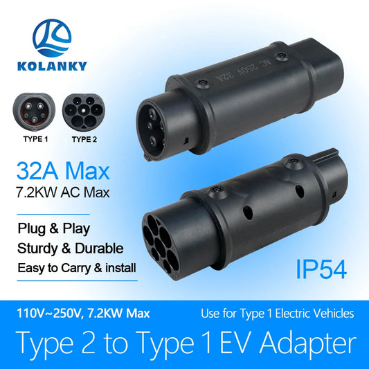 Kolanky Type2 to Type1 EV Charger Adapter – IEC 62196, 16A/32A J1772 Converter for Electric Vehicle Charging Connector