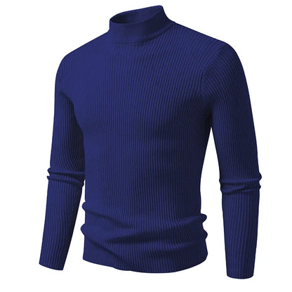 Men's Mock Neck Pullover Sweater - Striped High Neck Long Sleeve Winter Warm Casual Knitwear