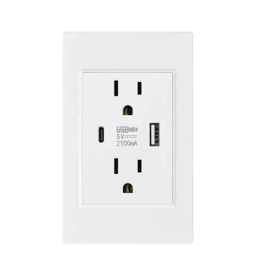 US Plug with USB Type-C Charging Port – 5V 2.1A, Household Electrical Wall Outlet for America & Mexico, 118x72mm PC Panel