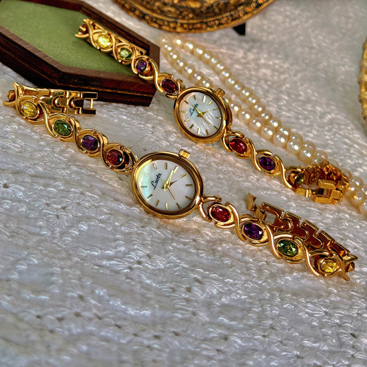 Luxury Women's Watch – Oval Mother-of-Pearl Dial with Tourmalines & Diamond Accents ✨⌚