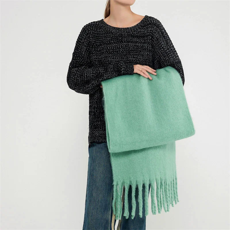 Luxury Cashmere Scarf for Women - Thickened Warm Shawl with Classic Tassels, Soft Solid Color Wrap for Autumn and Winter