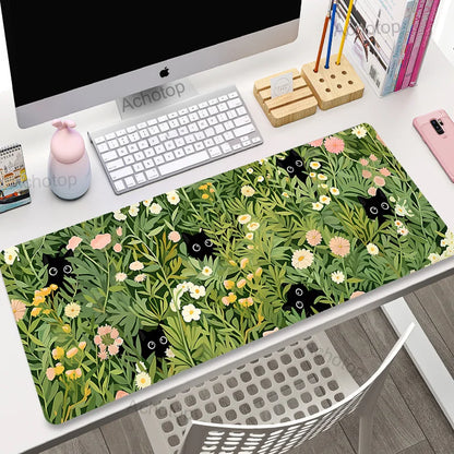 Cute Cat Gaming Mouse Pad - XL Green Plant Design XXL Desk Mat for Keyboard Computer Laptop Gamer Setup