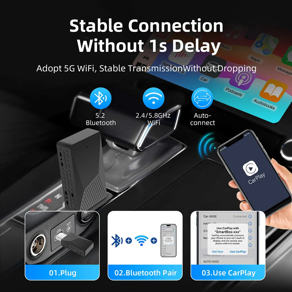 2-in-1 AI Box Mini Adapter – Wired to Wireless CarPlay & Android Auto, Plug and Play WiFi Smart Dongle, Compatible with 99% of Cars