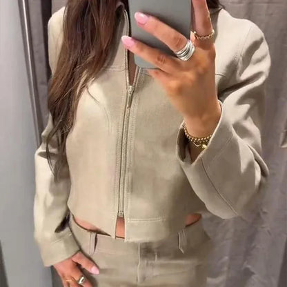 Women’s Cotton Linen Trousers Set — Casual Lapel Crop Top & Straight Pants Streetwear Spring Autumn Outfit