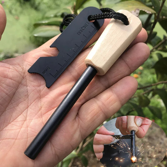 Wilderness Survival Flint Kit – Portable Magnesium Fire Starter with Wooden Handle for Camping & Outdoor