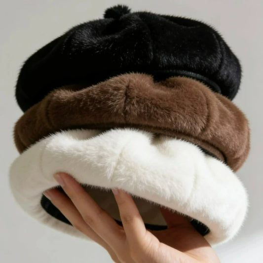 Thickened Plush Winter Beret for Women – Fleece-Lined Painter Style Hat, Elastic Cold Weather Cap, Vintage Retro Fashion Outdoor Wear