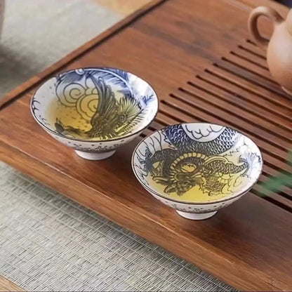 70ML Handmade Blue & White Porcelain Tea Cup – Dragon, Phoenix & Fish Pavilion Design for Chinese Kungfu Tea Ceremony