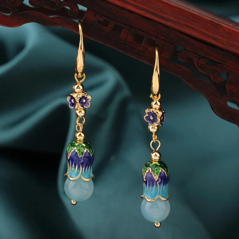 Vintage Flower Drop Earrings - Natural Stone Ethnic Jewelry for Women