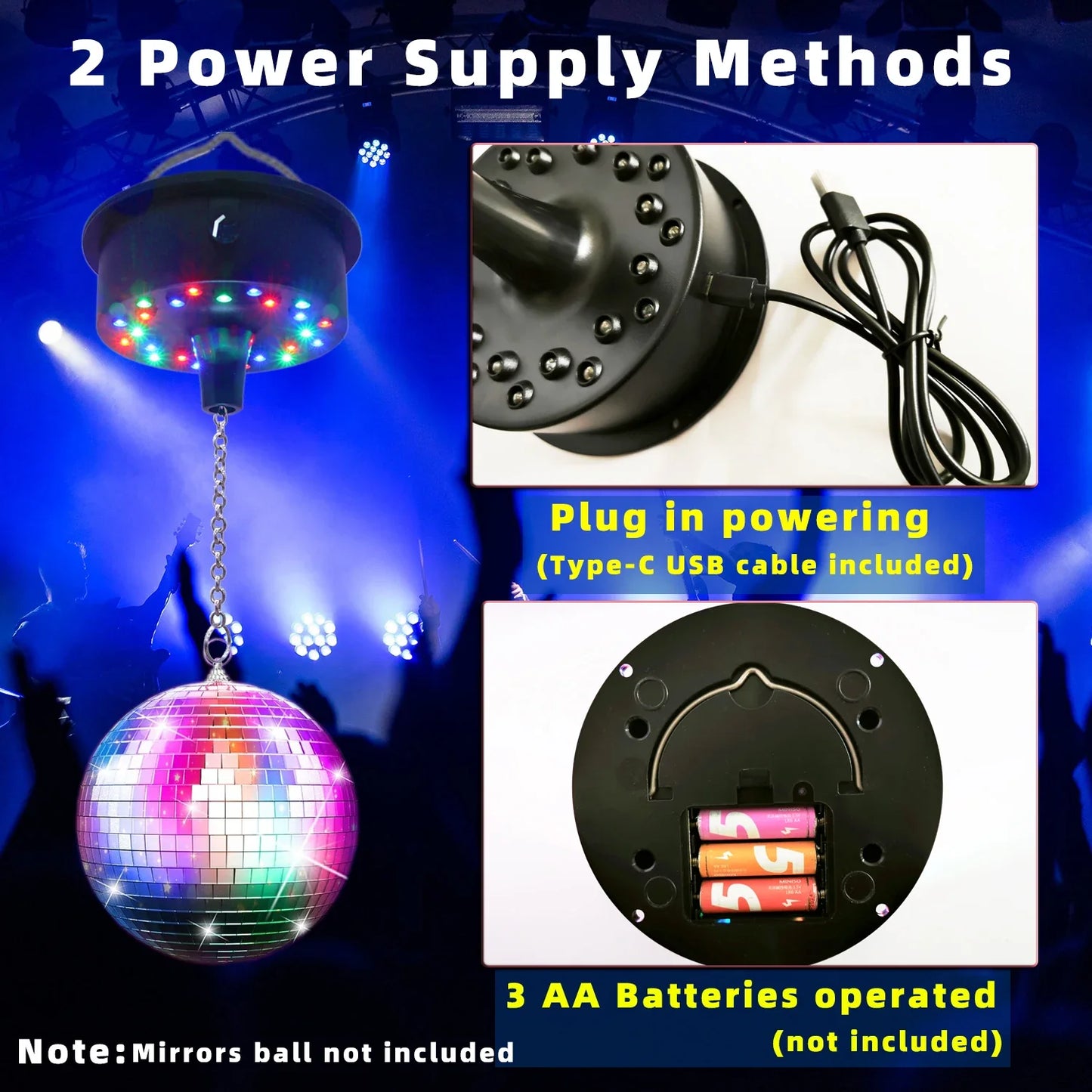 RGBW Disco Ball Motor with Remote - Adjustable 5-10RPM Mirror Ball Spinner with Multi-Mode LED Lighting