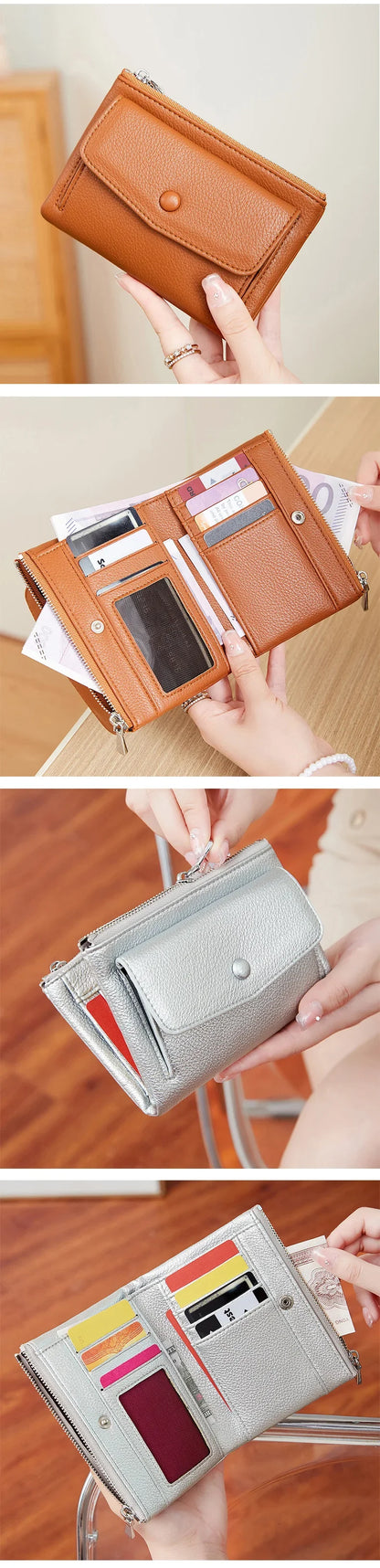 Women’s PU Leather Short Double Zipper Wallet – Simple Solid Color, Large Capacity Credit Card Holder with Coin Pocket