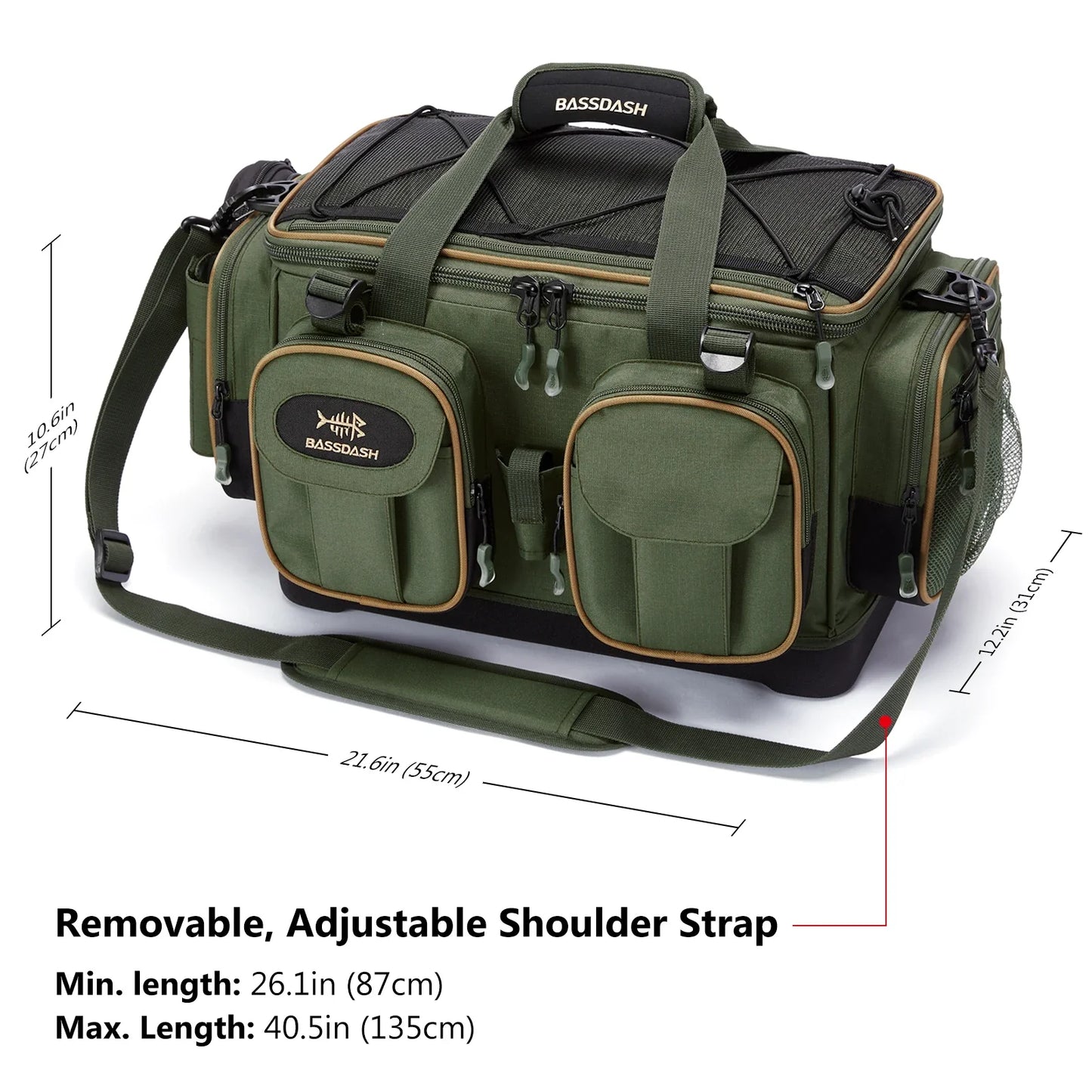 BASSDASH Fishing Tackle Shoulder Bag – Water-Resistant, Lightweight Gear Storage Pack with Hard Molded Bottom and Rain Cover