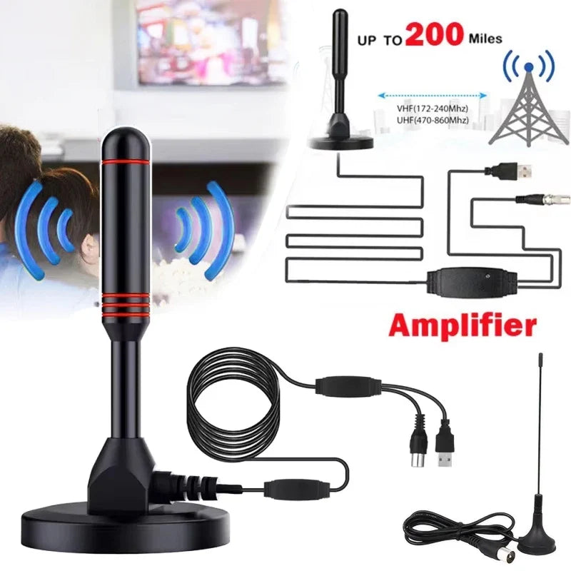 HD Digital TV Antenna - 200 Miles Amplified Indoor/Outdoor VHF UHF Aerial with Signal Booster