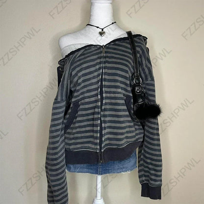 Women’s 2025 Gothic Aesthetic Fur Collar Hoodie Cardigan – Slim Fit Autumn Winter Harajuku Sweatshirt