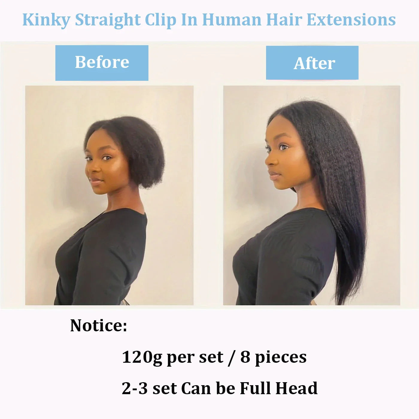 Kinky Straight Clip-In Hair Extensions – 100% Real Human Hair, Natural Black, 8 Pcs/120g, Full Head Brazilian Remy