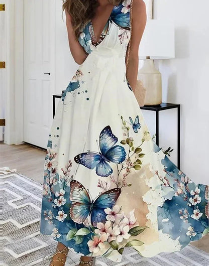Women's Summer V Neck Maxi Dress - Sleeveless High Waist Elegant Print Dress for Office & Holiday Wear