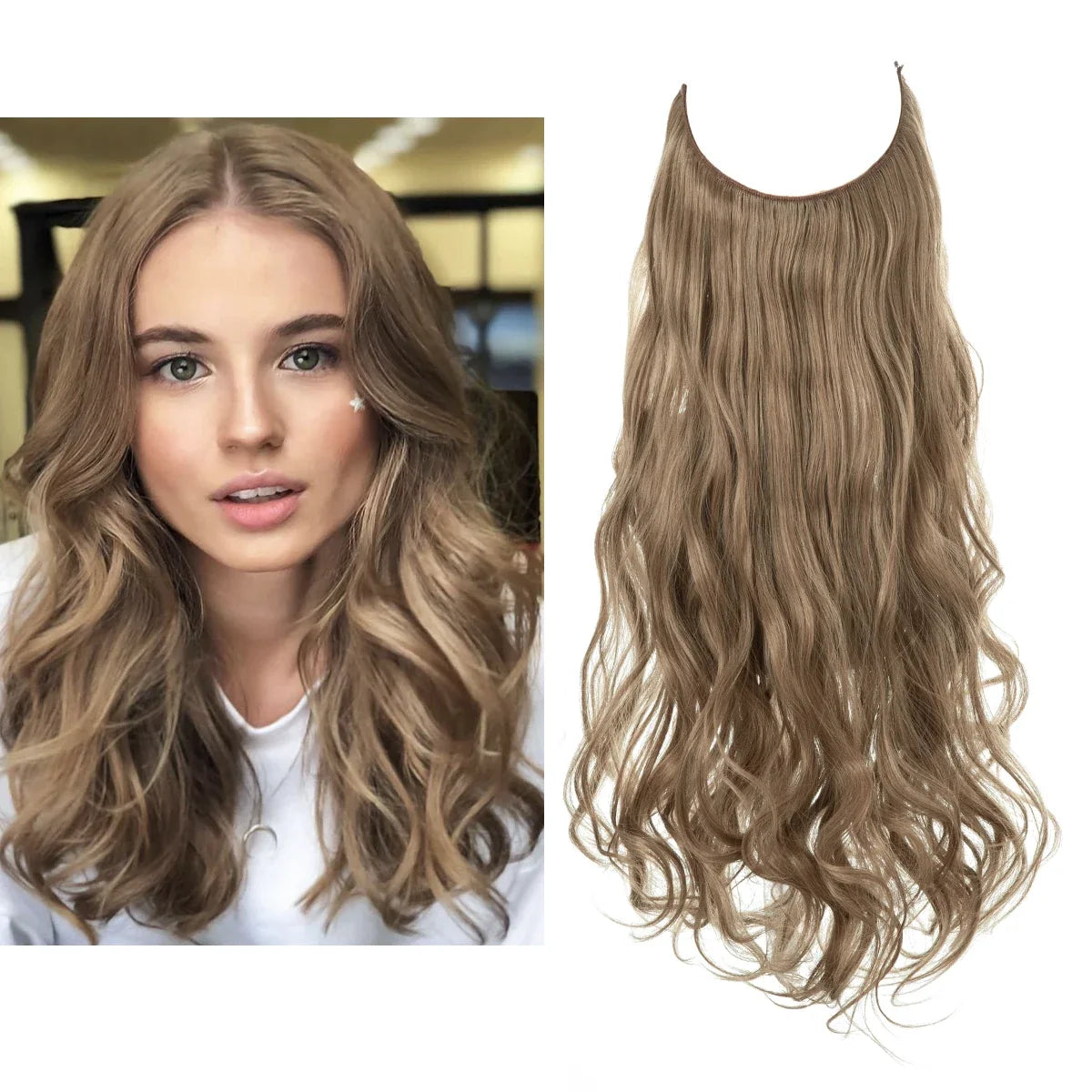 Synthetic Ombre Hair Extension - One Piece Invisible Wire Long Wavy Clipless False Hairpiece Black Blonde Pink