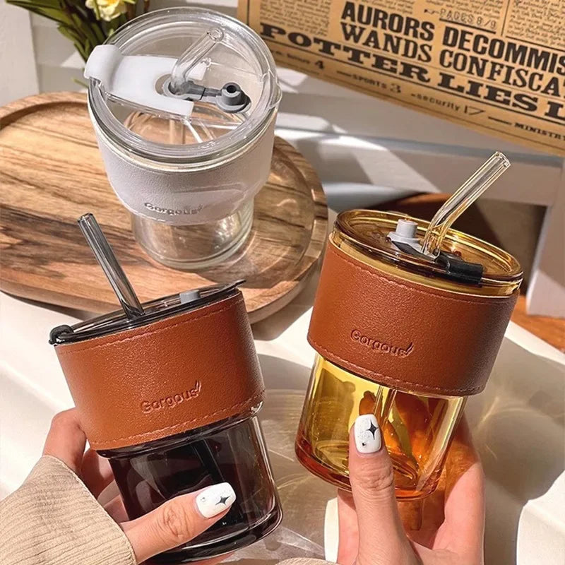 400ml Double Drinking Mouth Water Bottle – Transparent Glass Coffee Mug with Straw & Lid, Creative Beer & Beverage Cup