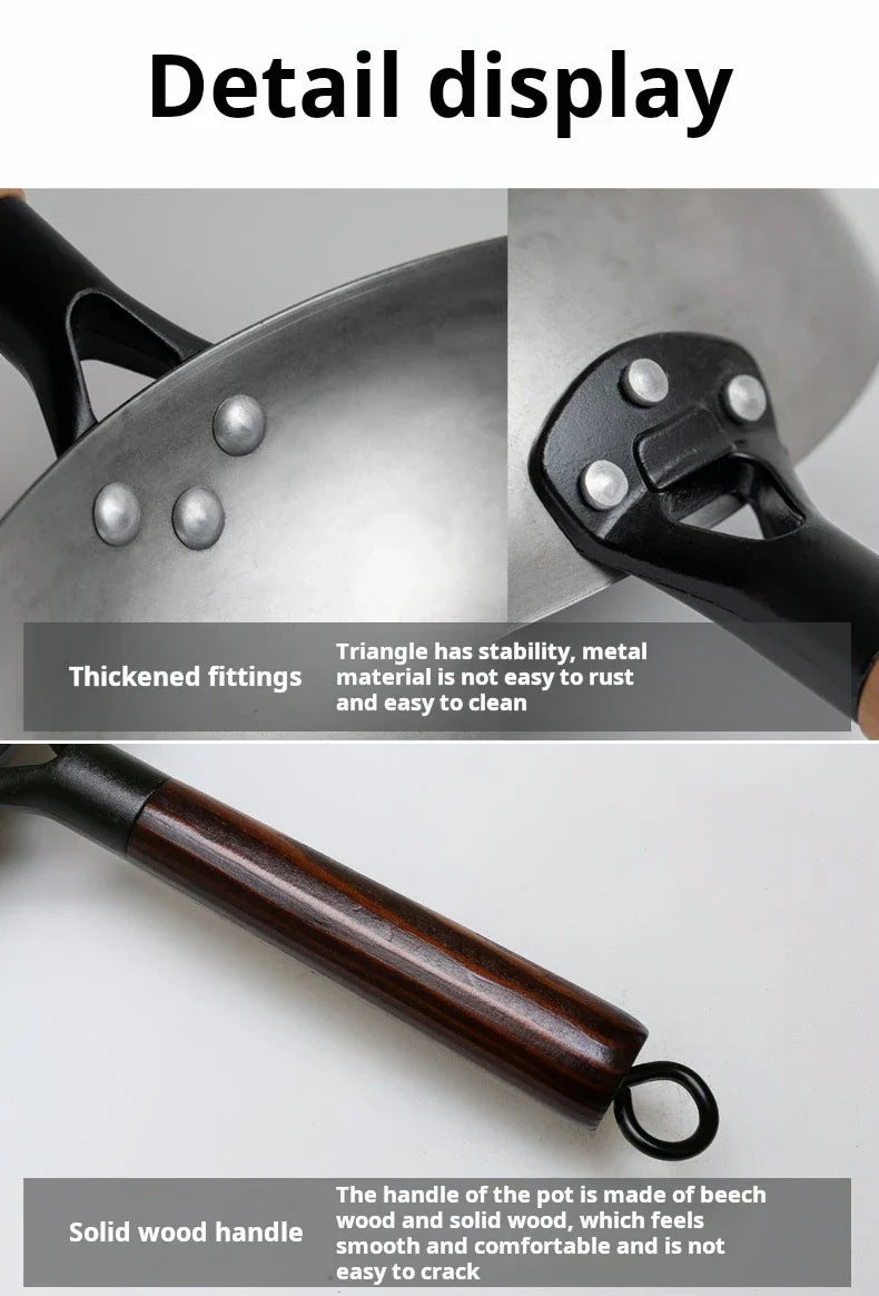 30cm Traditional Hand-Forged Iron Frying Pan, Non-Coated with Wooden Handle, Old-Style Household Cookware