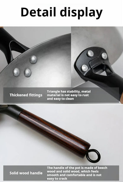 30cm Traditional Hand-Forged Iron Frying Pan, Non-Coated with Wooden Handle, Old-Style Household Cookware