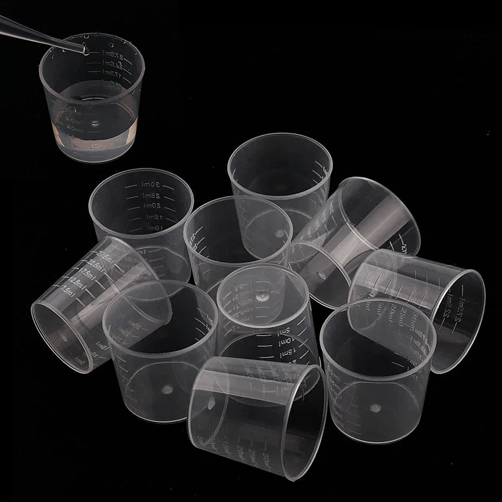 20/100PCS Transparent Plastic Measuring Cups – Disposable Liquid Containers for Epoxy Resin, Silicone Mold, DIY Jewelry Making