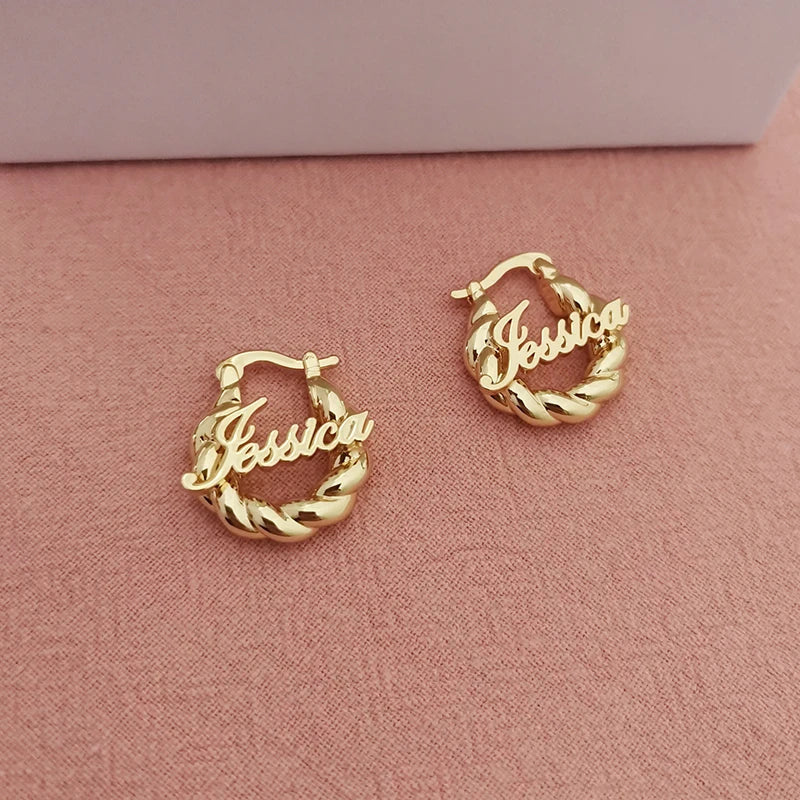 18mm Custom Name Earrings – Personalized Thick Twisted Hoop Earrings for Kids, Unique Gift Idea