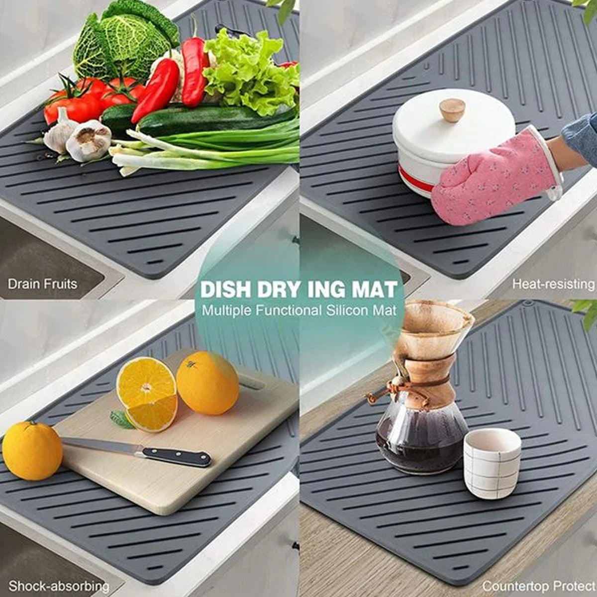 Large Silicone Dish Drying Mat | Hygienic, Non-Slip, Heat Resistant Pad Preventing Water Build-Up