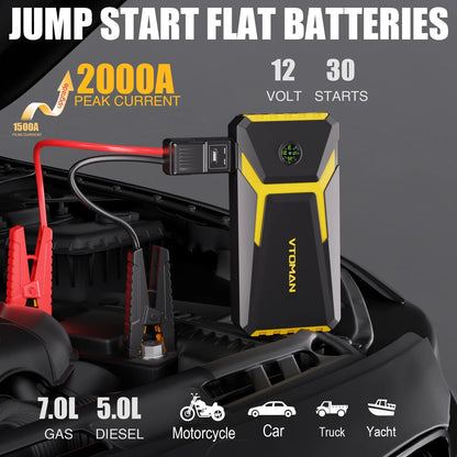 VTOMAN V6 Pro Car Jump Starter - 2000A Portable Power Bank Battery Charger Emergency Vehicle Booster Starting Device