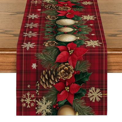 Christmas Poinsettia Table Runner - Holly Snowflake Holiday Dining Decor for Kitchen, Coffee Table & Party Settings