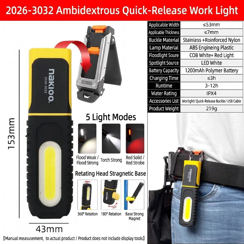 NAKIOO COB LED Work Light - Magnetic Base, 360° Rotating Portable Inspection Flashlight with 5 Light Modes