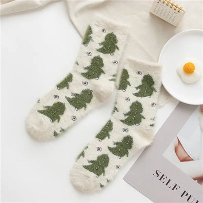 Cartoon Cow Mink Velvet Socks — Cute Cloud Plush Medium Tube Winter Socks for Women, Soft Indoor Stockings