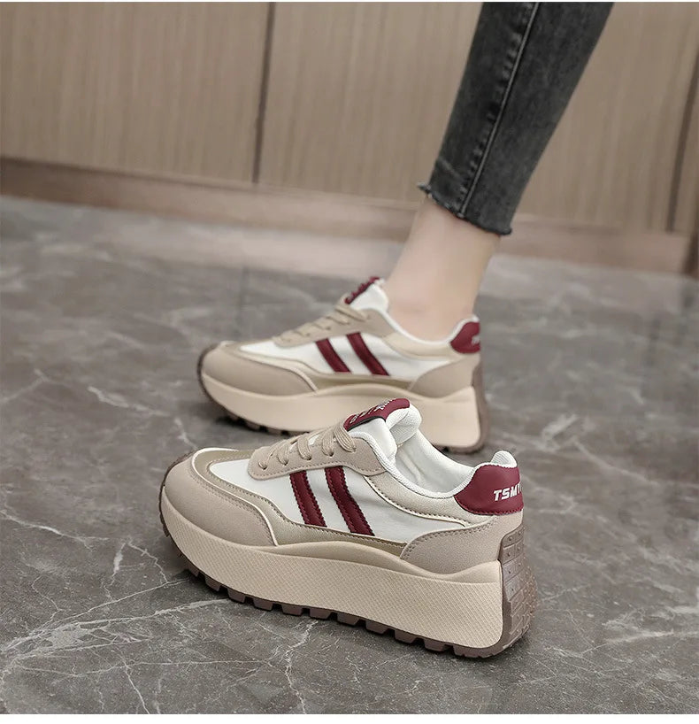 Spring Thick Bottom Women's Shoes – 2024 Summer Casual Patchwork Leather Sneakers, Vulcanized Casual Shoes for Ladies (Chaussure Femme)