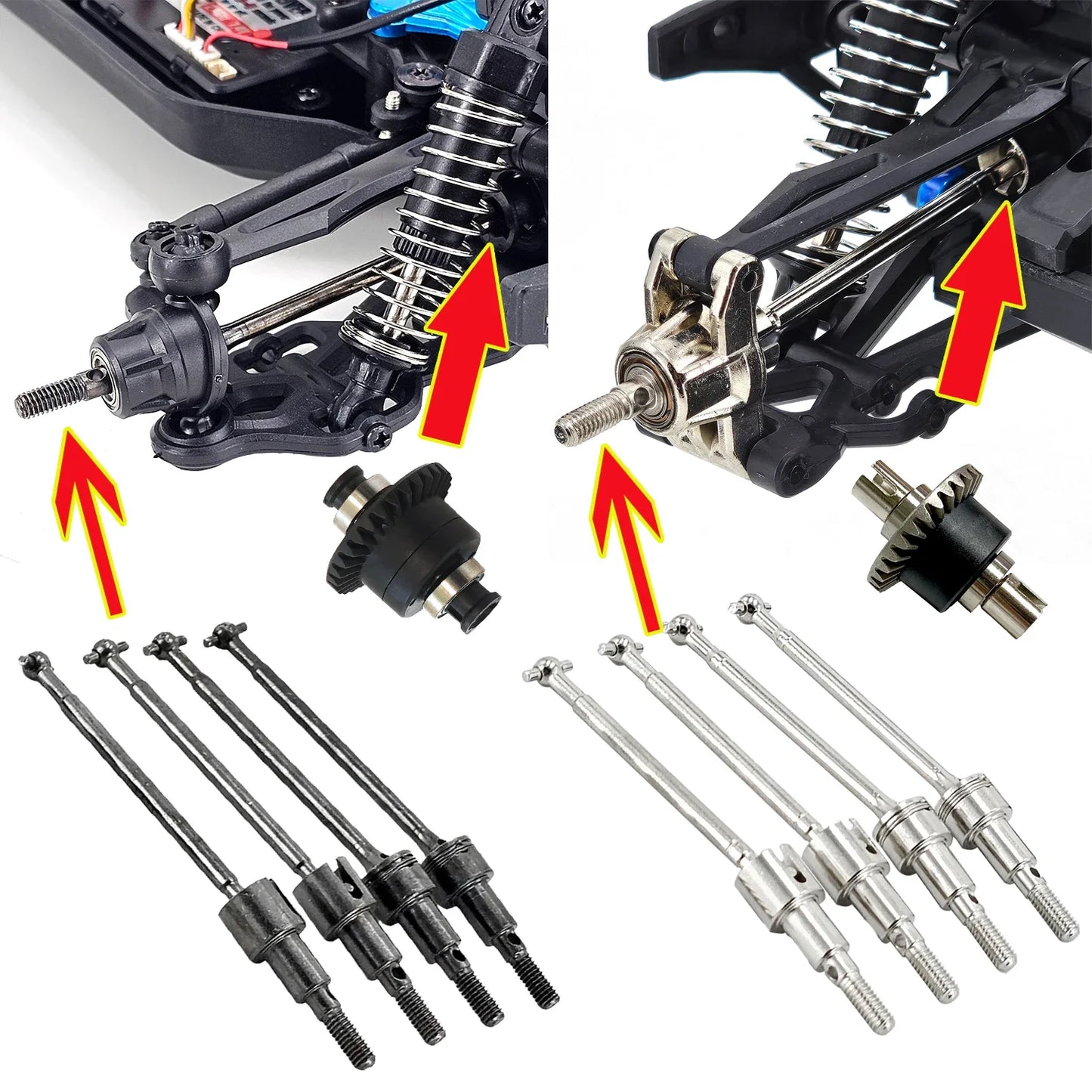 Upgraded Metal Suspension & Aluminum Parts Kit – Front & Rear Wheel Hubs, Bearings & Steering Rod for SCY16101/16102Pro/16104/SG116/Q130 RC Cars