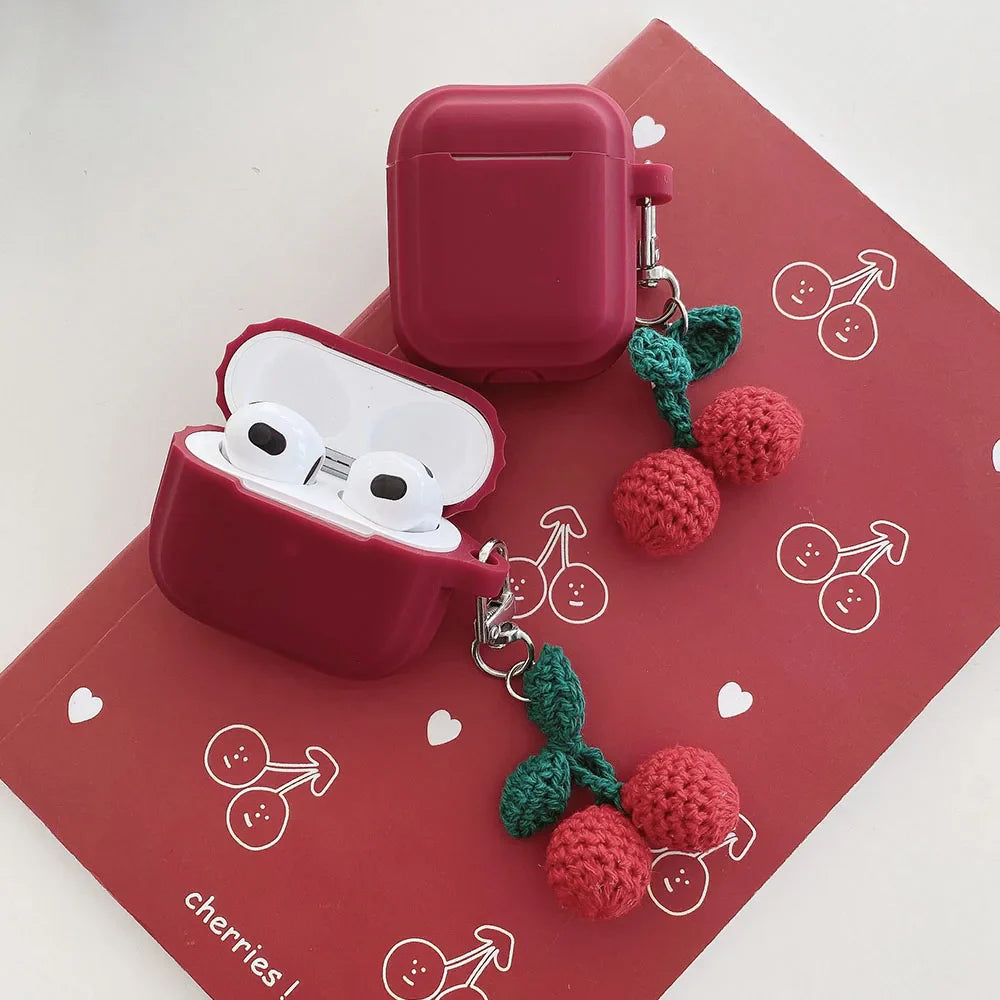 Knitted Red Cherry Pendant Soft Silicone Earphone Case for AirPods Pro 2 & AirPods 1/2/3/4 — Protective Cover with Keychain