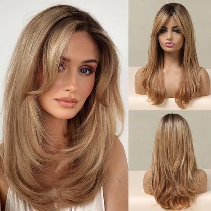 ALAN EATON Blonde Layered Synthetic Wig with Bangs – Long Straight Heat-Resistant Wig for Women & Girls, Natural Daily Hair