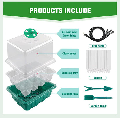 Plants Seed Starter Trays with Grow Light — 12-Hole Nursery Pots for Home, Greenhouse & Indoor Growing
